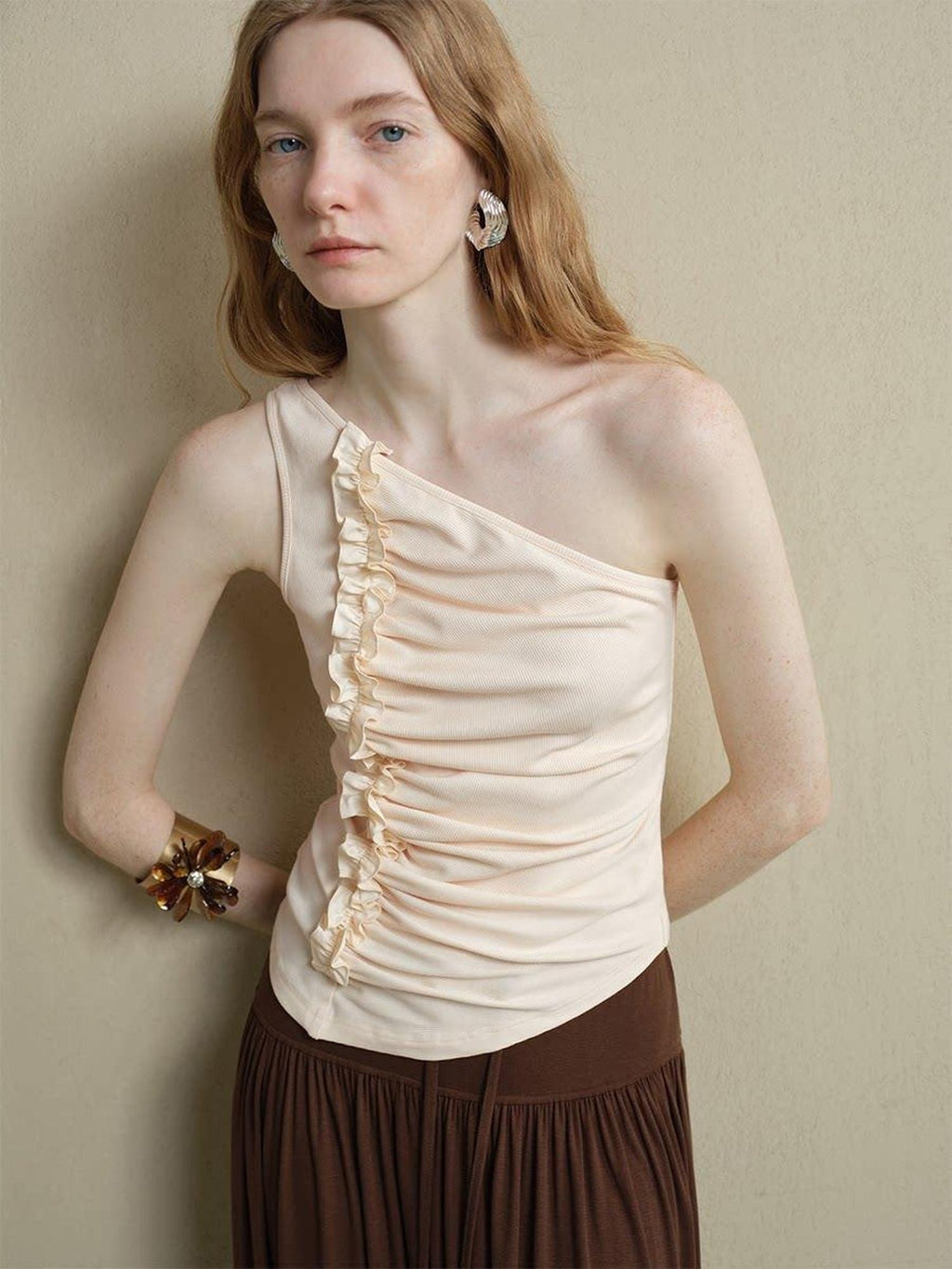someone sometimes Soft Viscose Blend Slim Fit One Shoulder Beige Stretch Ruching Tank Tops