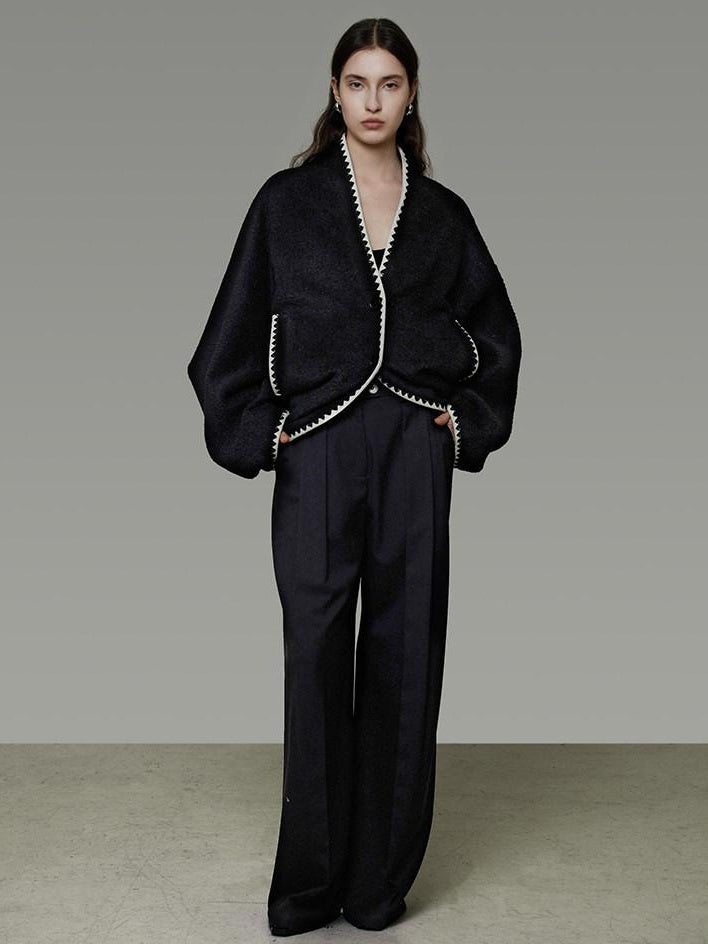 unspoken Minimalist Commuter Tailored Oversized V-neck Short Black Women Wool Coats