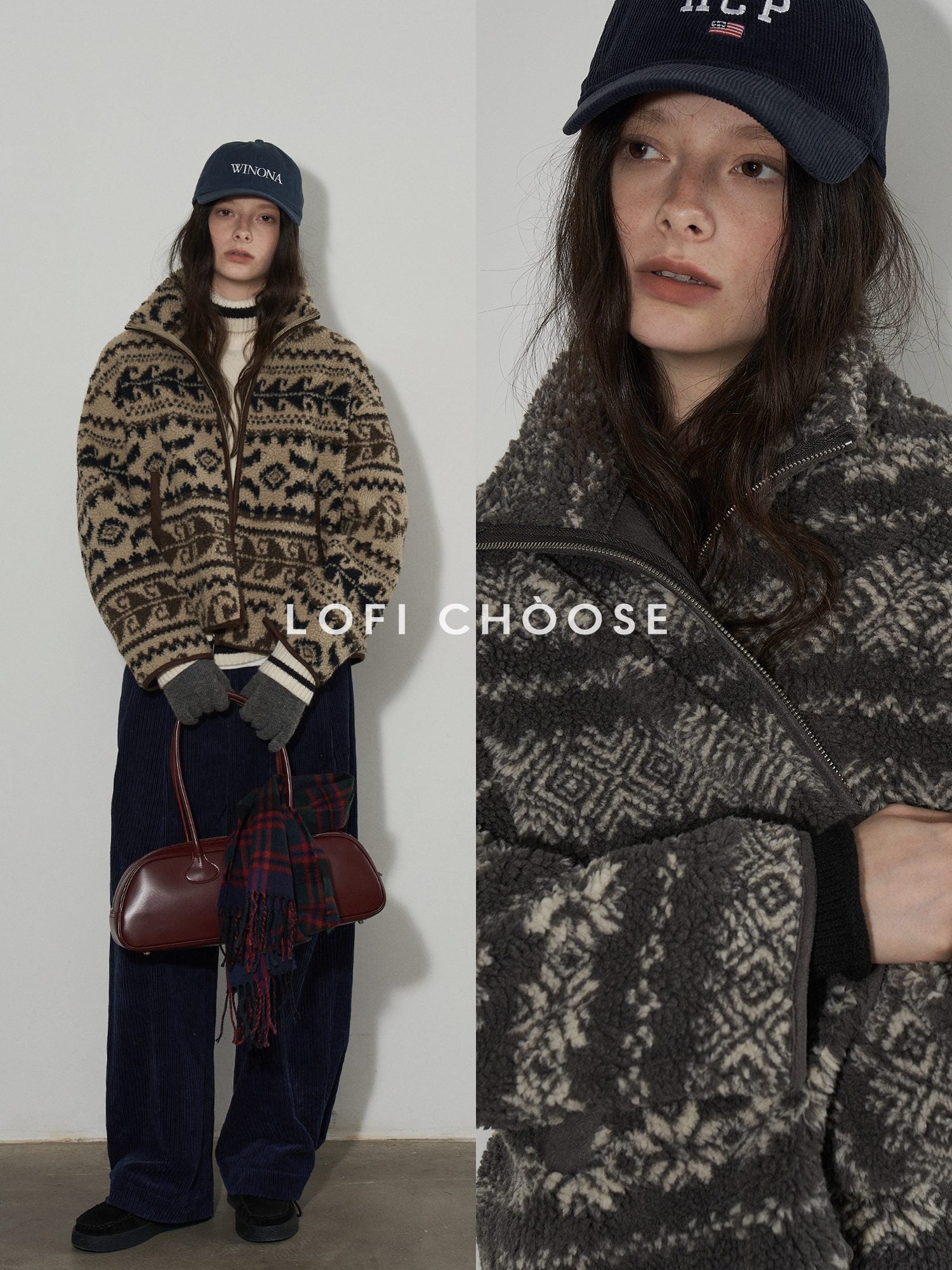 Lofi choose Cozy Thick Vintage Oversized Stand Collar Zip Floral Knitwear Ladies Cardigans