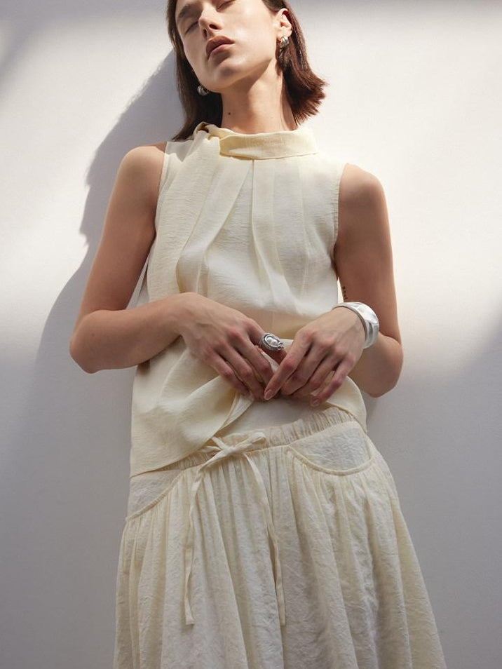 someone sometimes Original Slim Tie Detail Stand Collar Sleeveless Cream Pullover Top & Skirt Sets