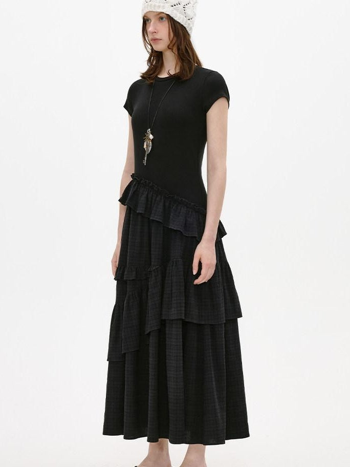 fano Breathable Viscose A Line Plaid Short Sleeve Korean Commuter Casual Maxi Dresses