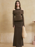 someonesometimes Flattering Mermaid Slim Fit Mid Rise Mocha Brown Knit Viscose Women Maxi Skirts
