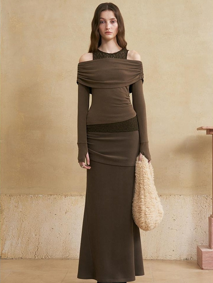 someonesometimes Flattering Mermaid Slim Fit Mid Rise Mocha Brown Knit Viscose Women Maxi Skirts