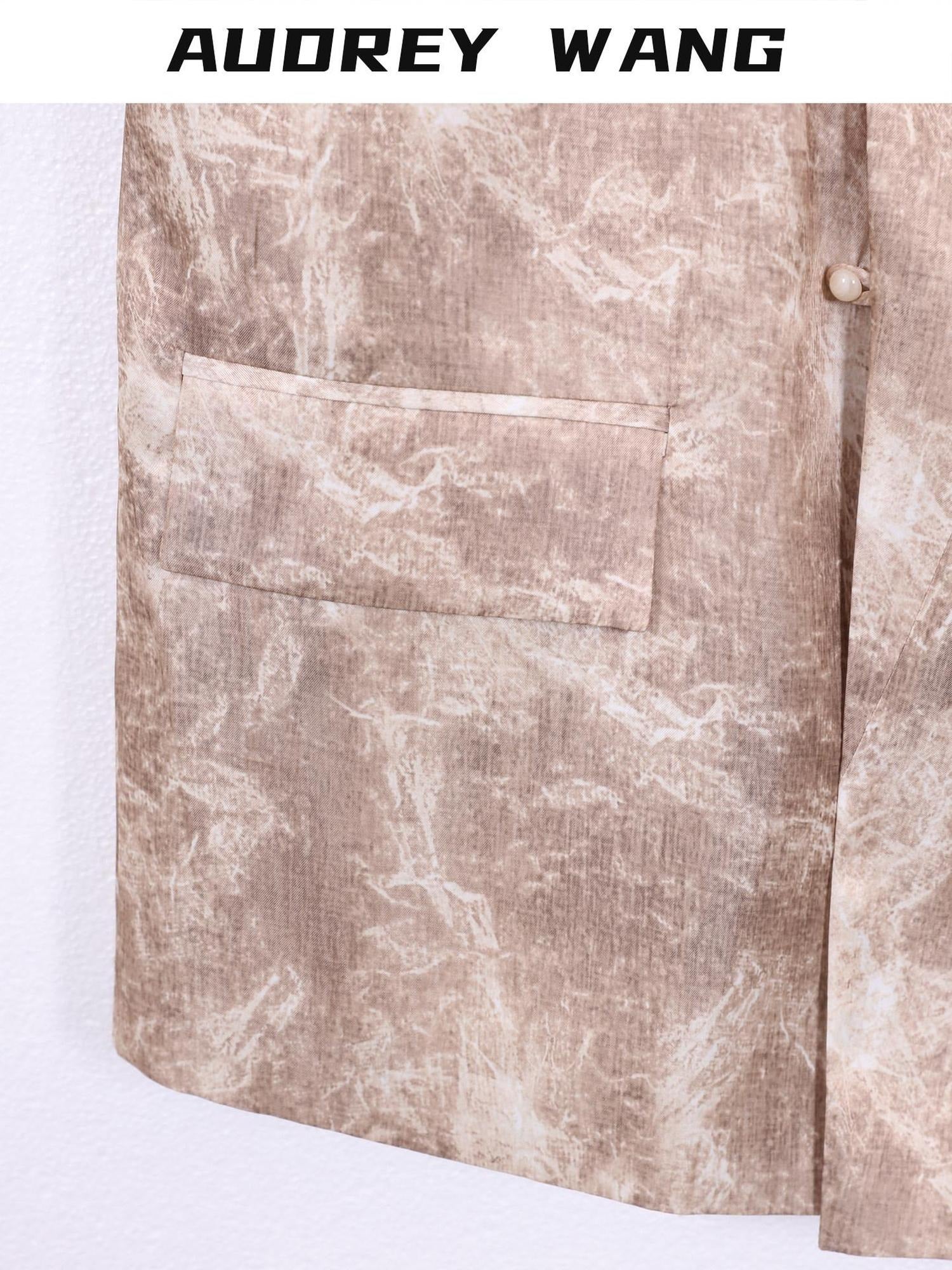 audreyyang Wrinkle Resistant Milk Tea Print Collarless Short Sleeve Loose Fit Blazers
