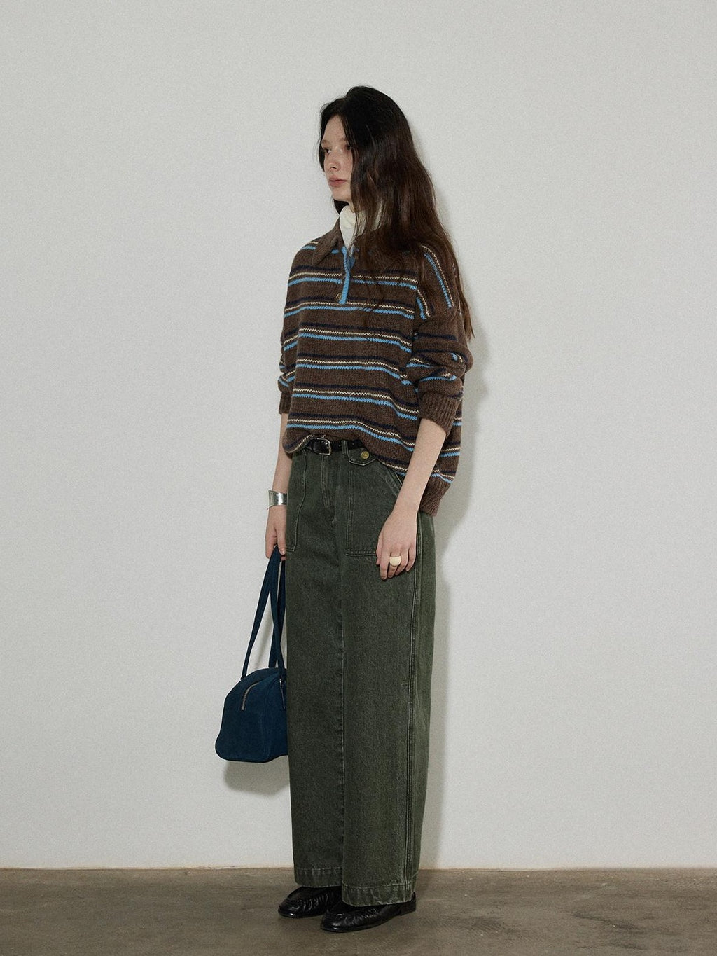 Lofi choose Cozy Colorblock Collared Oversized Striped Button Knit Pullover Women Sweaters