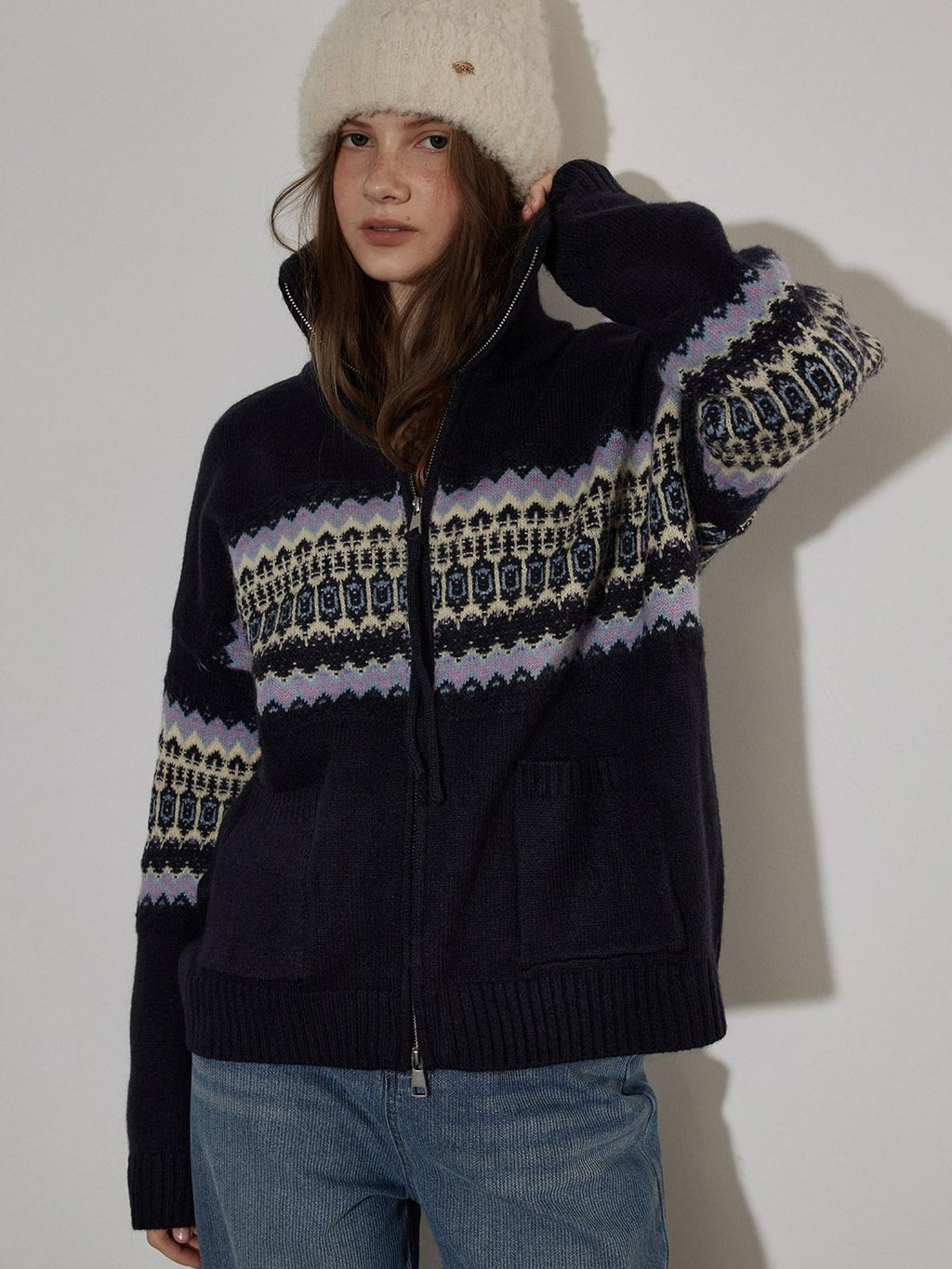 Lofi choose Cozy Thick Zip Front Work Loose Fit Women Office Acrylic Blend Navy Cardigans