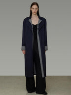 unspoken Minimal Navy Plaid Single Breasted Midlength Relaxed Women Trench Coats