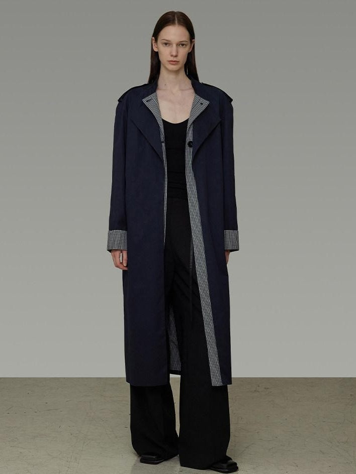 unspoken Minimal Navy Plaid Single Breasted Midlength Relaxed Women Trench Coats
