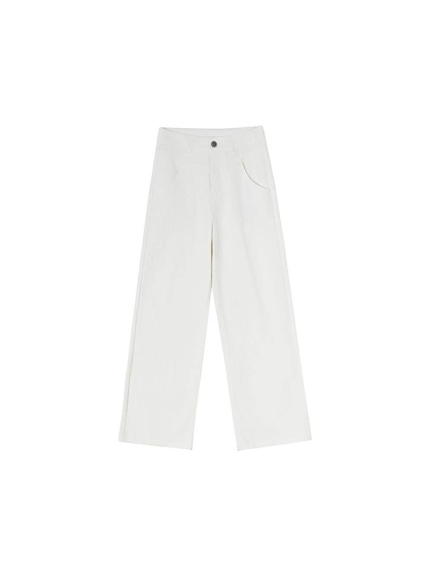 ikyou Durable Brushed Denim Natural Waist Loose Women Casual White Wide Leg Jeans