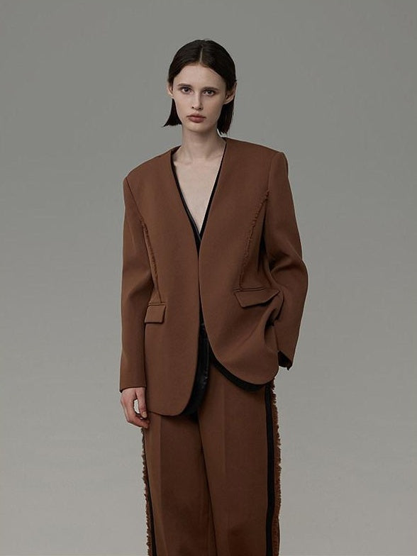 unspoken High Cotton Blend Minimalist Tailored Contrast Brown Black Women Top & Pants Sets