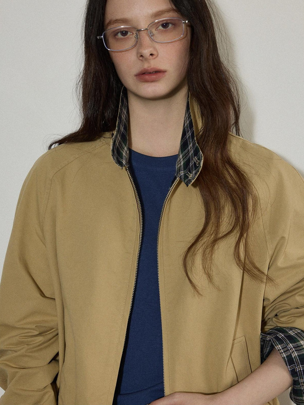 Lofi choose Pure Cotton Office Loose Raglan Zipper Plaid Women Khaki Cropped Jackets