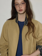 Lofi choose Pure Cotton Office Loose Raglan Zipper Plaid Women Khaki Cropped Jackets