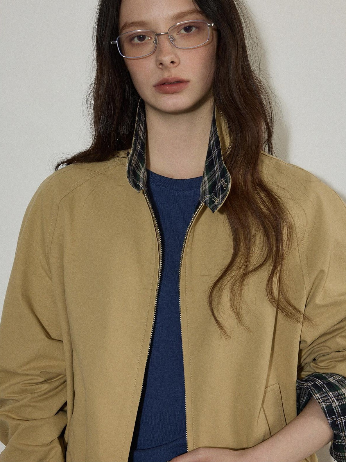 Lofi choose Pure Cotton Office Loose Raglan Zipper Plaid Women Khaki Cropped Jackets