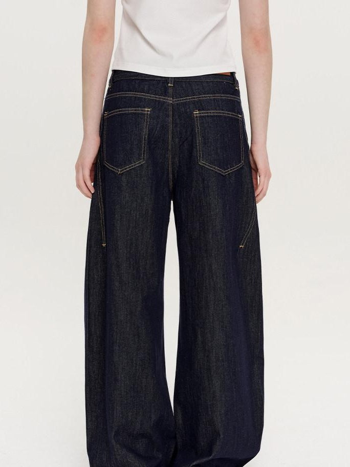 fano Micro Stretch Cotton Relaxed Natural Waist Pear Fit Dark Denim Wide Leg Jeans