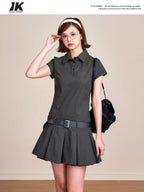 ikyou Breathable 100 Percent Cotton Embroidered A Line Polo Utility Gray Midi Dresses