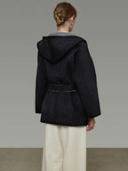 unspoken Minimal Commute Relaxed Fit Hooded Tie Waist Sculpted Cut Black Gray Wool Coats