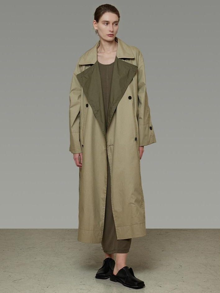 unspoken Minimal Commuter Long Double Breasted Loose Fit Women Black Olive Trench Coats