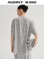 audreyyang Sparkling Sequin Casual Loose Fit Women Crew Neck Top & Skirt Sets