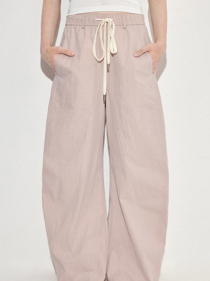 fano Pink Cotton Blend Drawstring Natural Waist Loose Korean Office Wide Leg Pants
