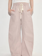 fano Pink Cotton Blend Drawstring Natural Waist Loose Korean Office Wide Leg Pants