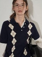 Lofi choose Cozy Argyle Polo Short Sleeve Loose Fit Vintage Knitwear Women Sweaters