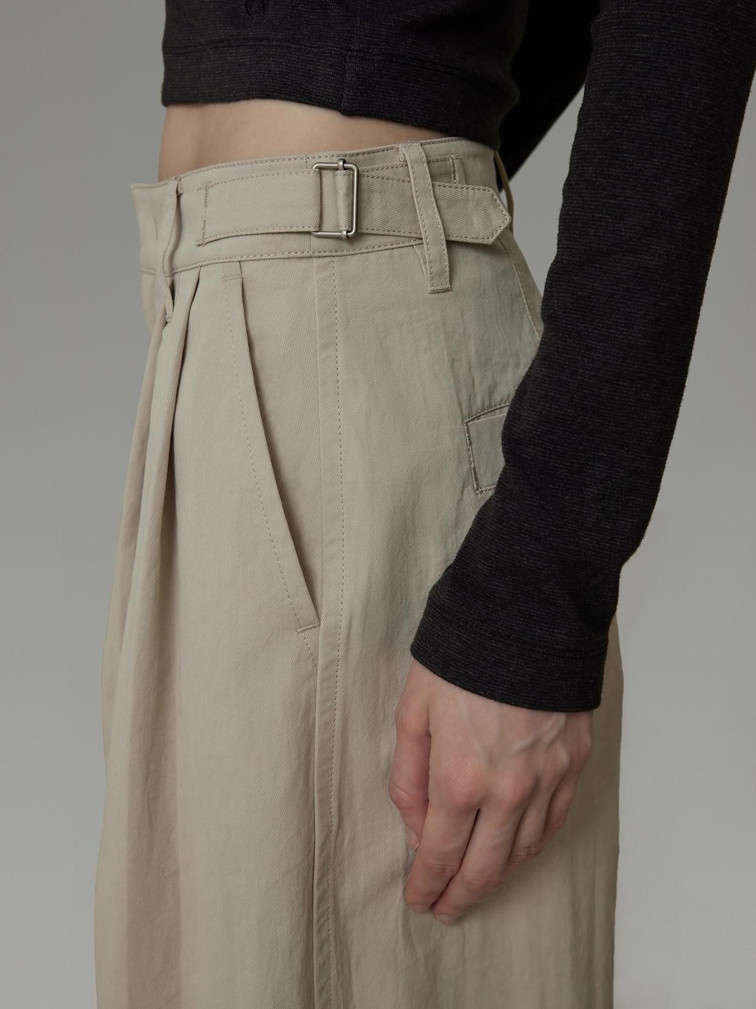 unspoken Pleated Natural Waist Minimalist Loose Women Khaki Zipper Wide Leg Pants