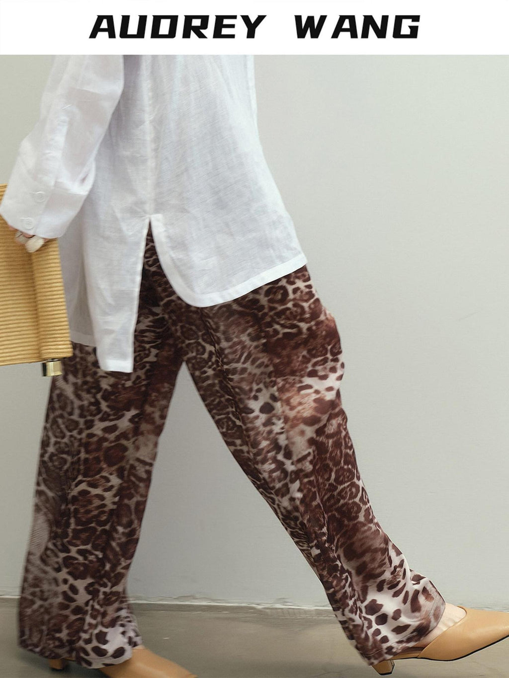 audreyyang Leopard Print Elastic Waist Minimal Office Loose Straight Womens Wide Leg Pants