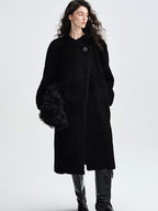audreyyang Warm Thick Vintage Loose Fit Stand Collar Lambswool Trim Women Black Wool Coats