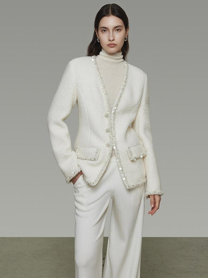 unspoken Soft Ivory Wool Blend Tailored Slim V-neck Long Sleeve Commuter Cardigans
