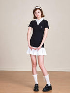 ikyou 100 Percent Cotton Waist Cinch Patchwork Collared Short Sleeve Midi Dresses