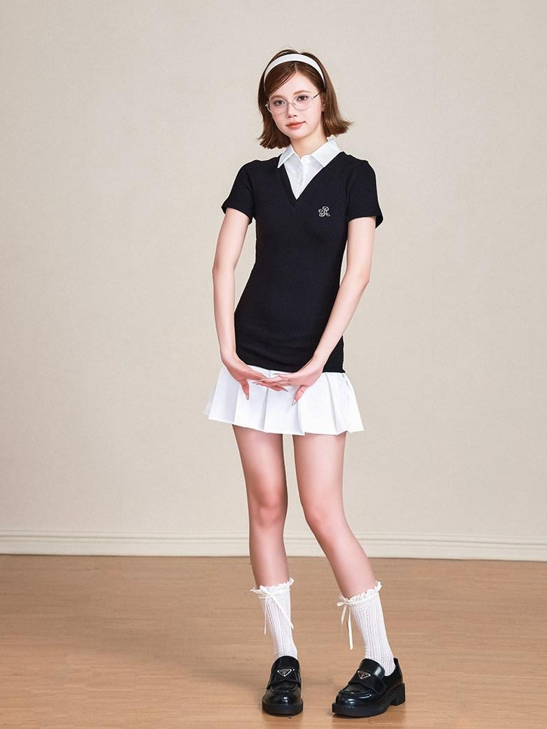 ikyou 100 Percent Cotton Waist Cinch Patchwork Collared Short Sleeve Midi Dresses