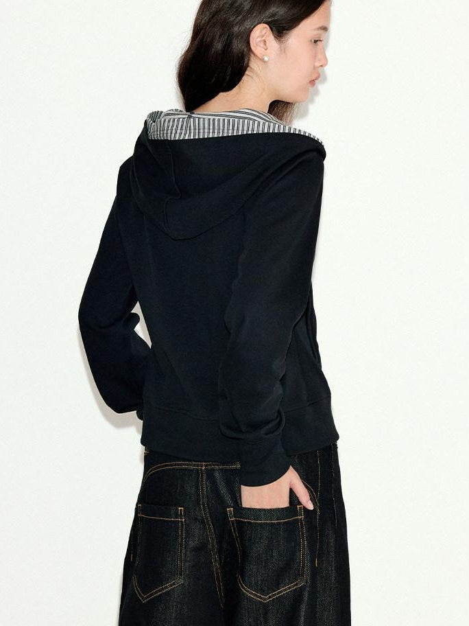 fano Striped Faux Two Piece Loose Fit Commuter Women Black Cotton Blend Hoodie