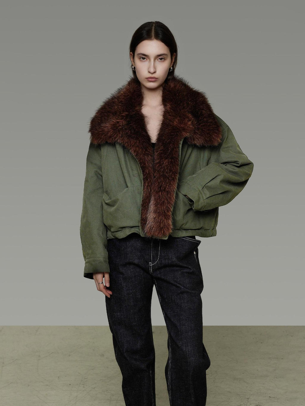unspoken Fur Collar Short Single Breasted Office Olive Green Long Sleeve Cropped Jackets