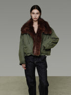 unspoken Fur Collar Short Single Breasted Office Olive Green Long Sleeve Cropped Jackets