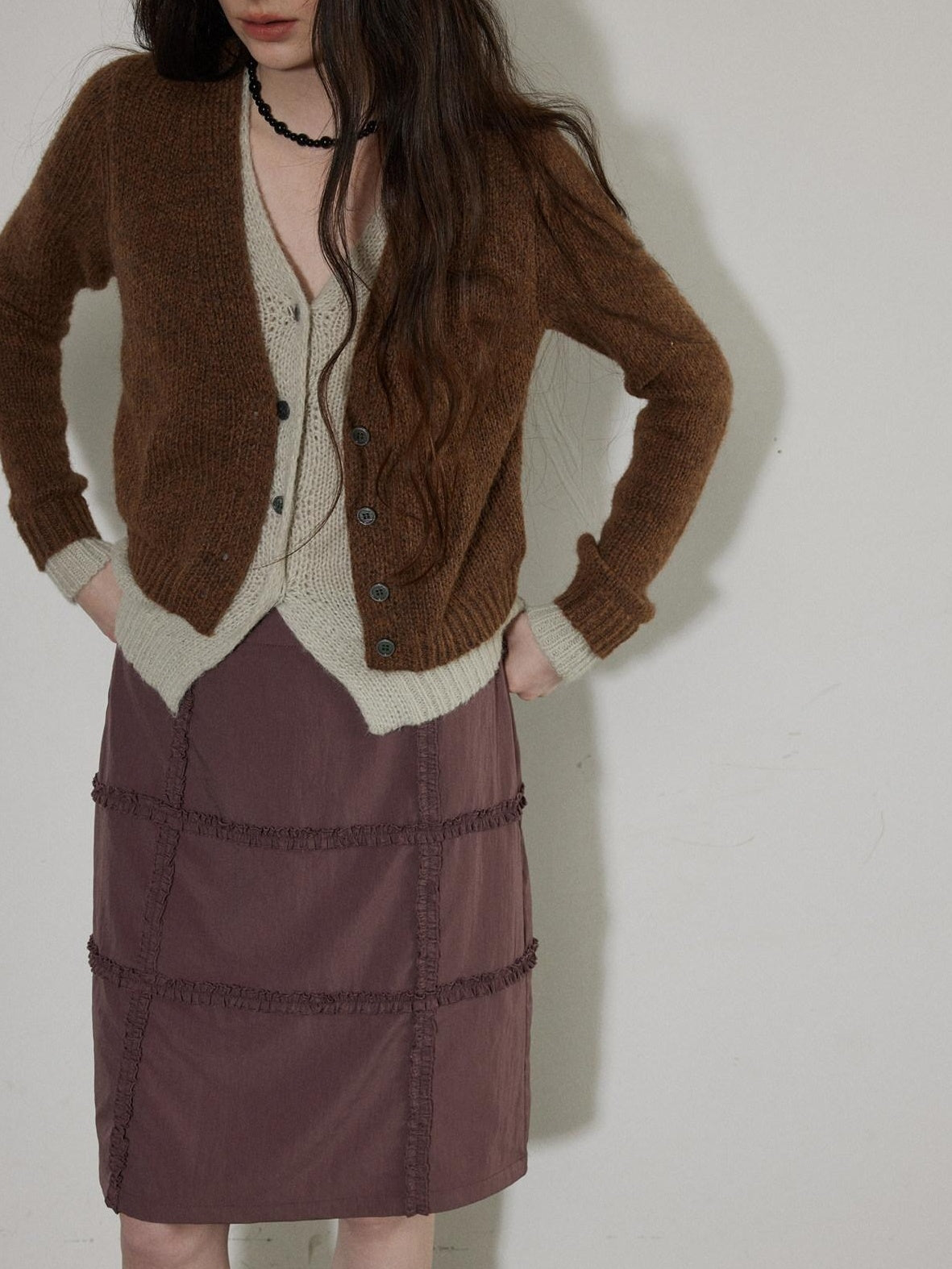 Lofi choose Faux Two Piece Layered Loose Fit V-neck Button Front Office Women Knit Cardigans