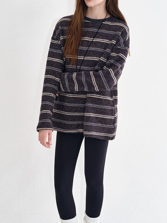 fano Acrylic Knit Striped Crew Neck Oversized Casual Women Long Sleeve T-Shirts
