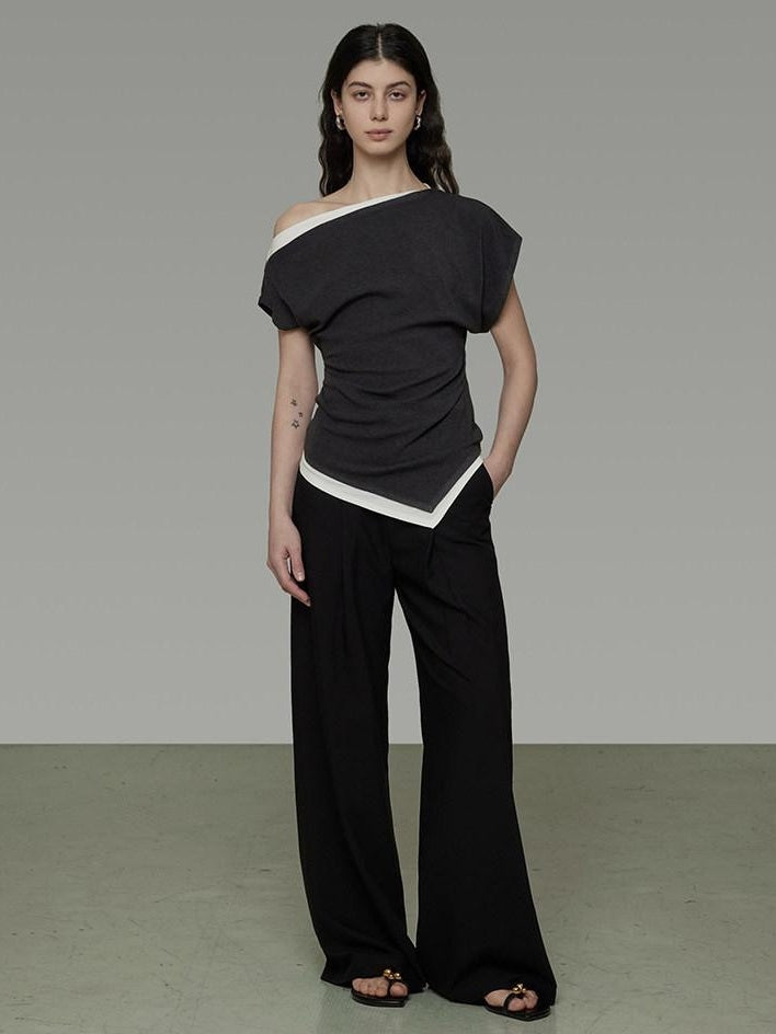unspoken Slim Fit Colorblock Short Sleeve Pullover Slanted Collar Office Rayon Blouses