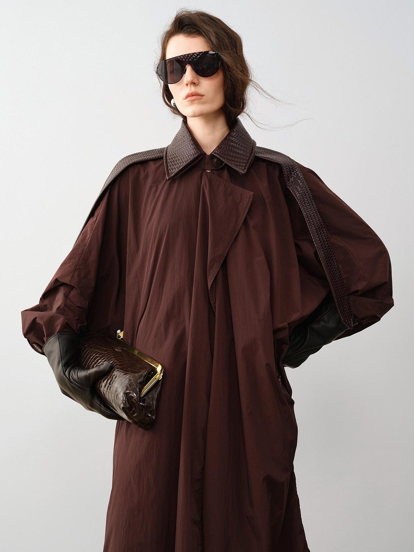 audreyyang Long Polyamide Patchwork Trench Decorative Tabs Women Black Trench Coats