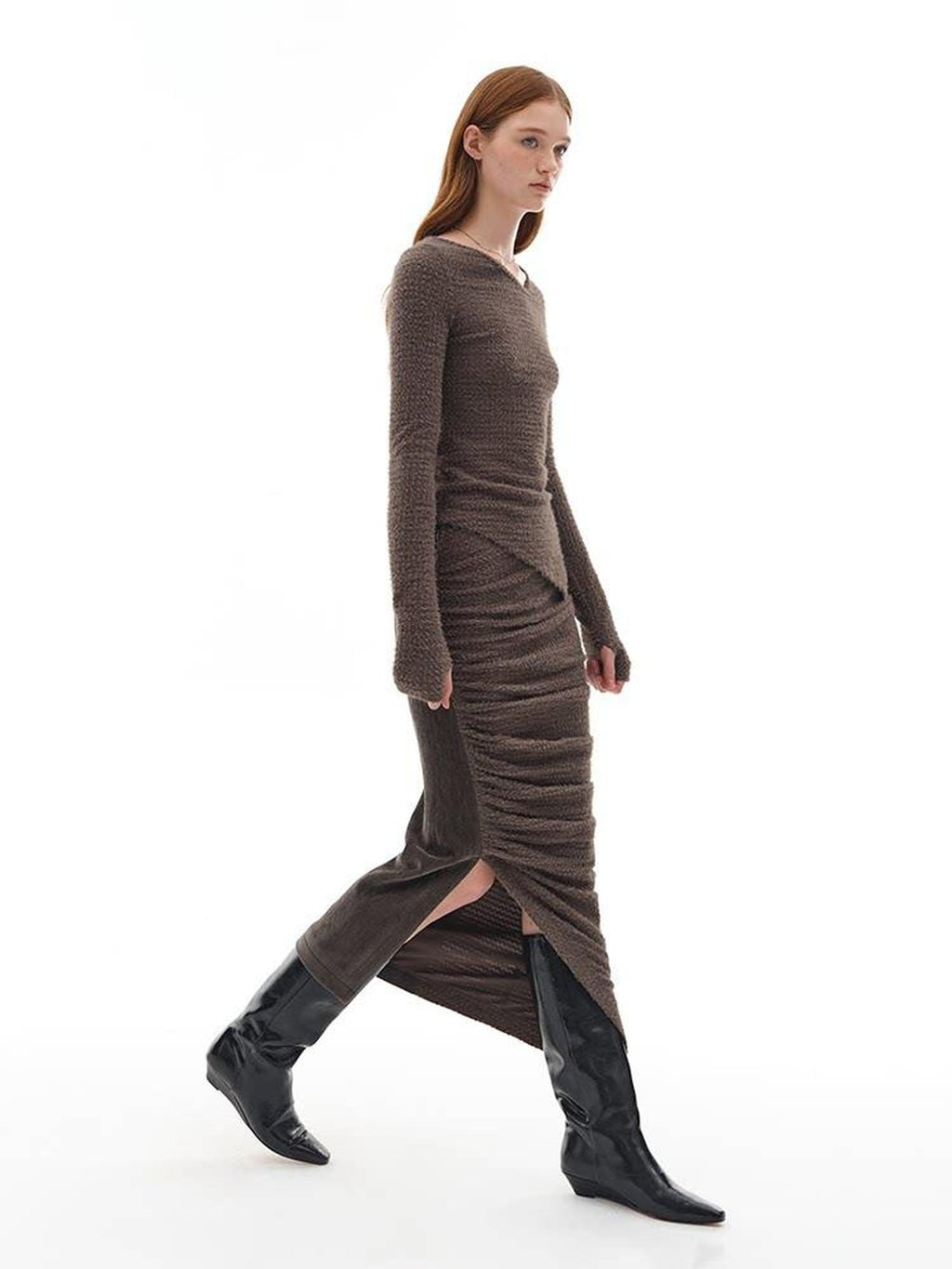 someone sometimes Slim Knit Minimal Casual Crewneck Long Sleeve Women Gray Top & Skirt Sets