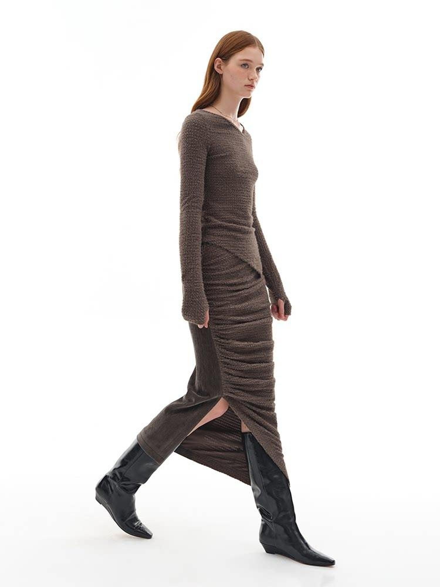 someone sometimes Slim Knit Minimal Casual Crewneck Long Sleeve Women Gray Top & Skirt Sets
