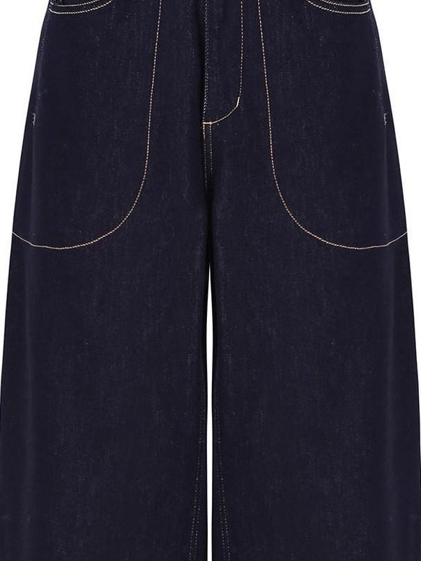 fano Vintage Washed Cotton Loose Natural Waist Casual Women Dark Wide Leg Pants