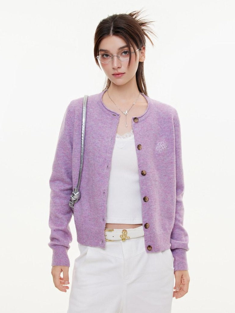 ikyou Eco Recycled Warm Commuter Loose Embroidered Knit Long Sleeve Purple Cardigans