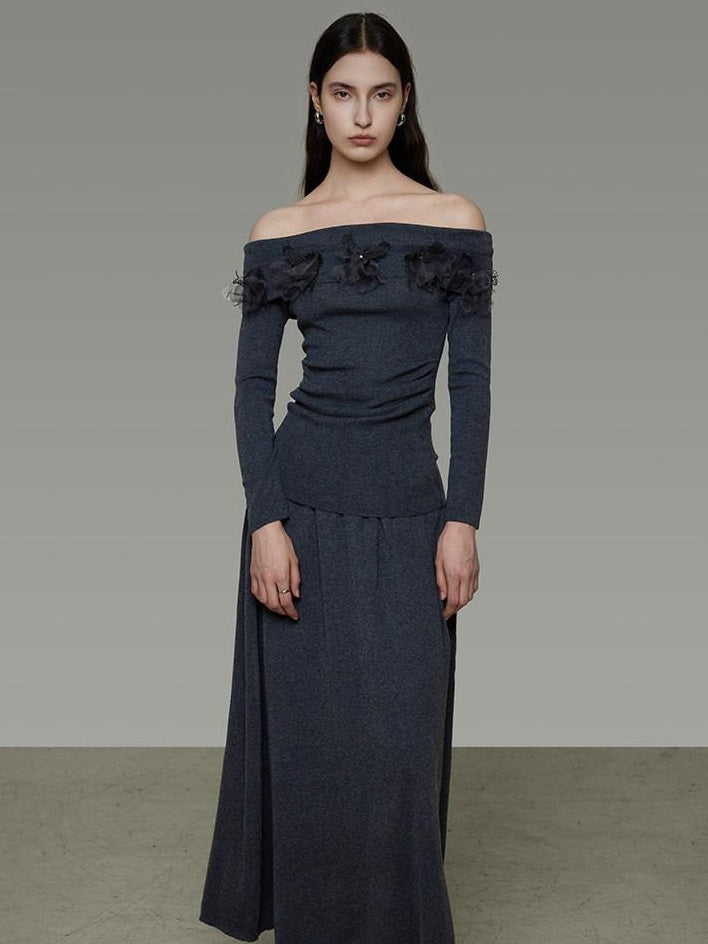 unspoken High Stretch Slim Knit Boat Neck Long Sleeve Dark Gray Office Top & Skirt Sets