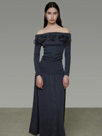 unspoken High Stretch Slim Knit Boat Neck Long Sleeve Dark Gray Office Top & Skirt Sets