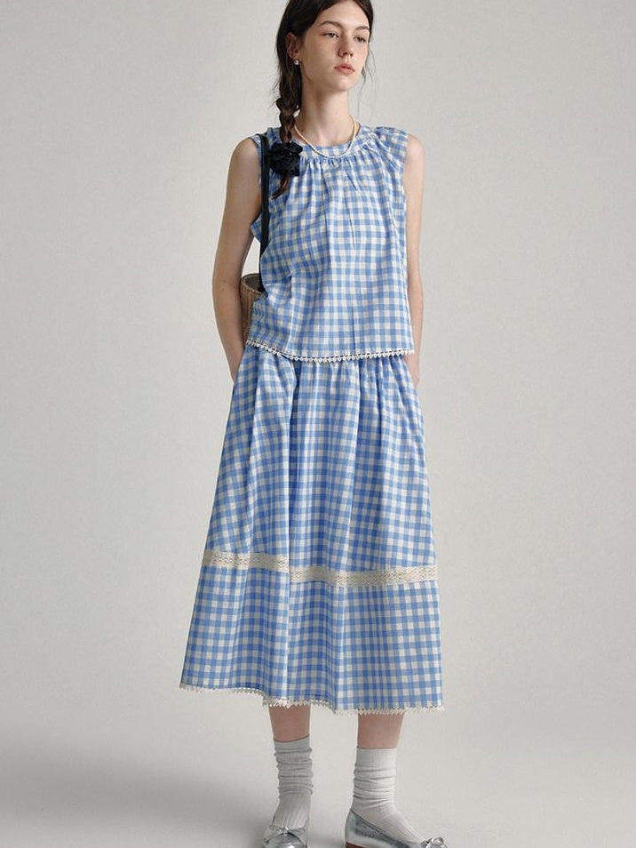 fano 100 Percent Cotton Round Neck Blue White Gingham Top & Skirt Sets