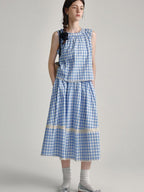 fano 100 Percent Cotton Round Neck Blue White Gingham Top & Skirt Sets