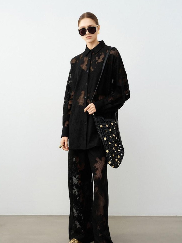 audreyyang Lightweight Shape Retention Lace Polo Loose Fit Women Cotton Top & Pants Sets