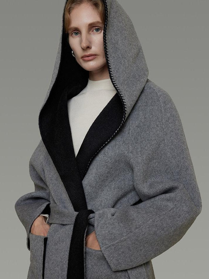 unspoken Minimal Commute Relaxed Fit Hooded Tie Waist Sculpted Cut Black Gray Wool Coats