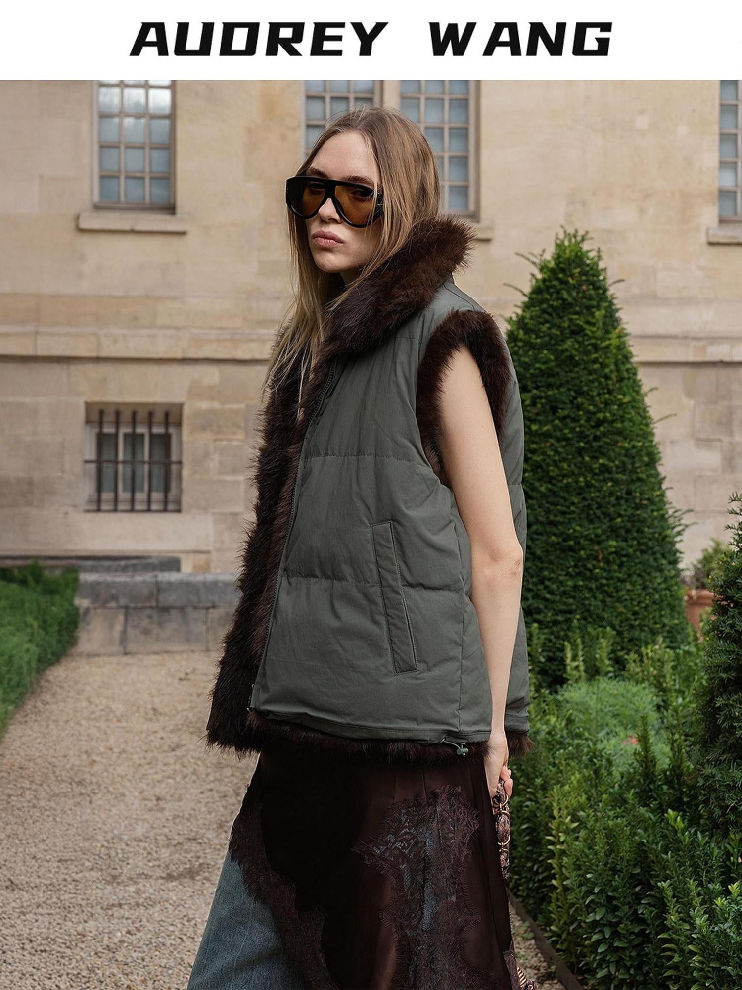 audreyyang Warm Reversible Faux Fur Stand Collar Sleeveless Relaxed Olive Short Coat