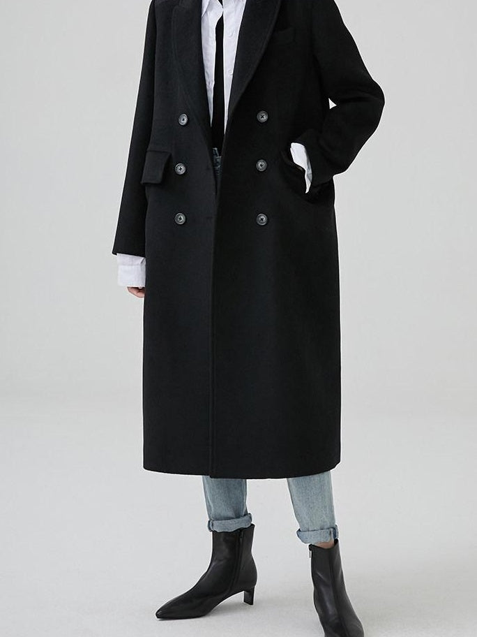 fano Thick Doublebreasted Blazer Collar Commuter Midlength Women Black Long Coats